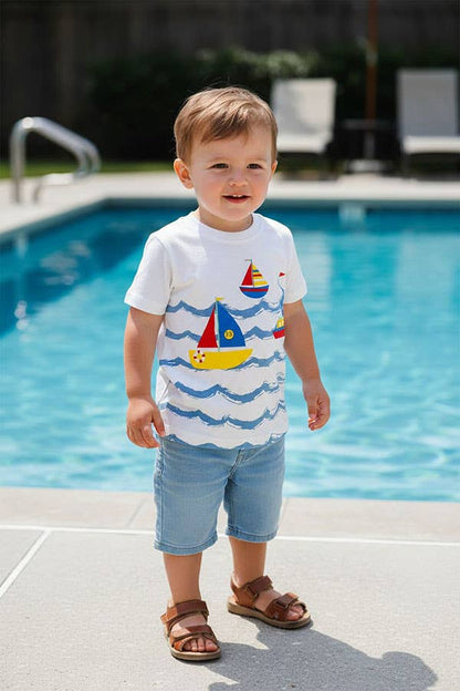 Sailboats & blue ocean waves white boy t-shirt