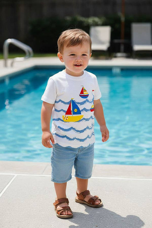 Sailboats & blue ocean waves white boy t-shirt