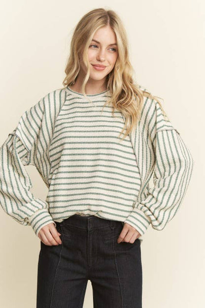LONG PUFF SLEEVE ROUND NECK JACQUARD STRIPE TOP