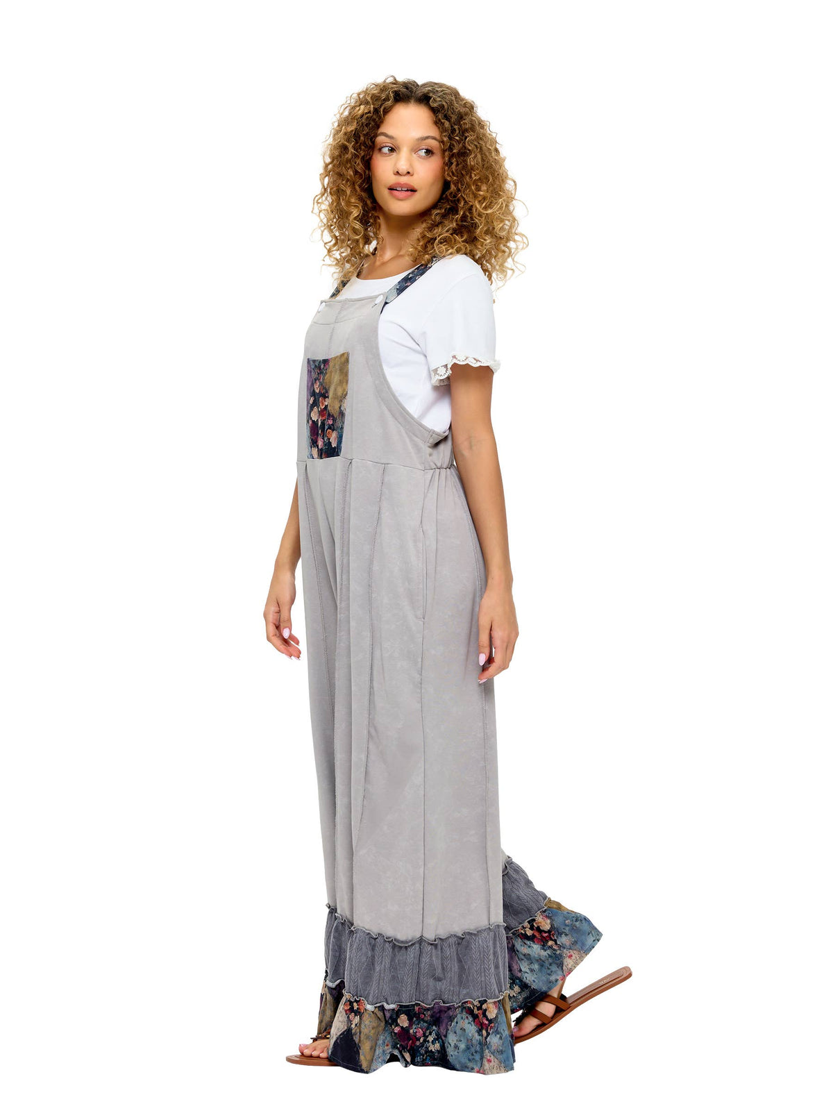 Overall Vintage Washed Patchwork Floral Ruffled Hem
