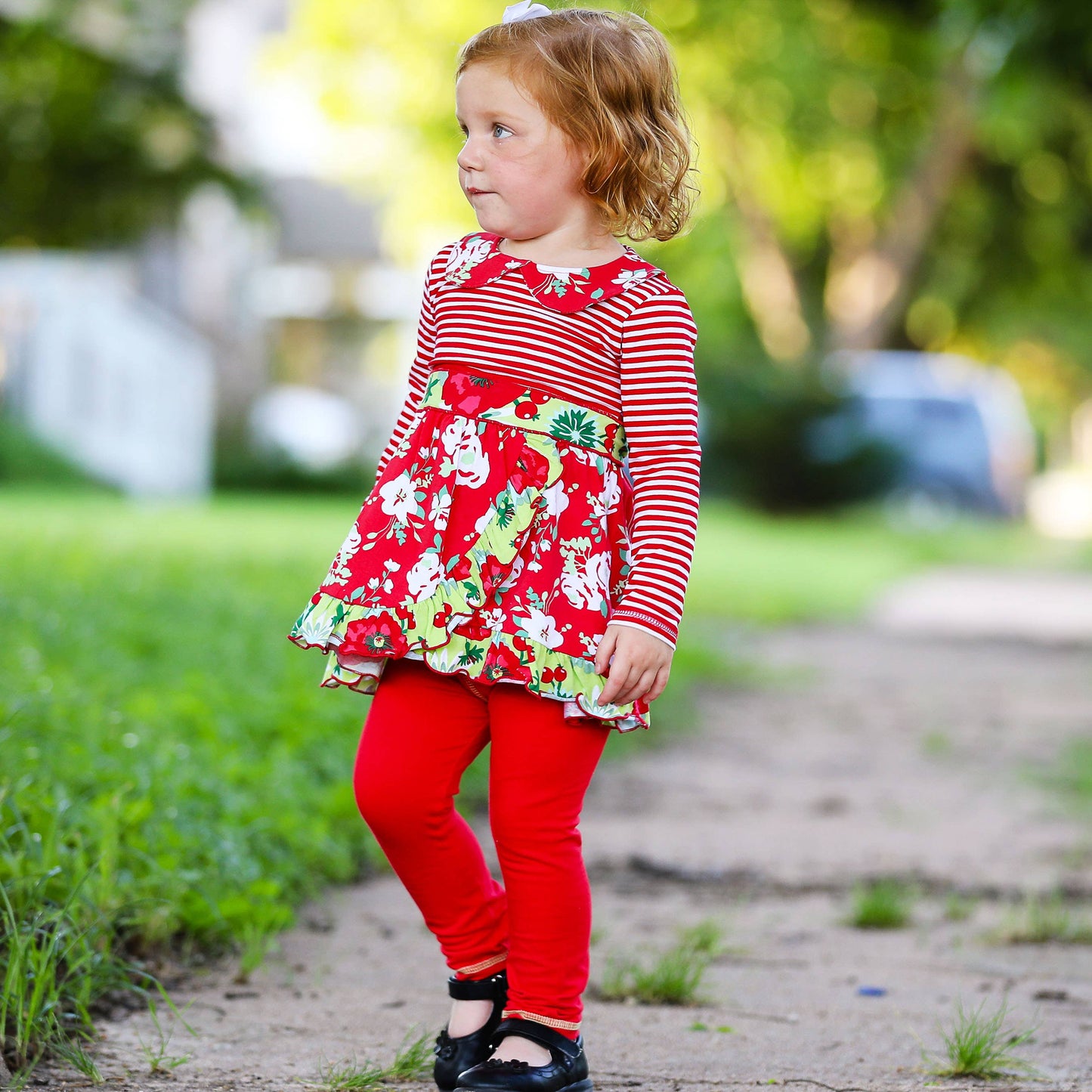 AnnLoren Dress & Leggings Red Floral Stripes Girls Clothing