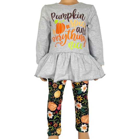 Girls Autumn Graphic Pumpkin Shirt & Floral Leggings Outfit