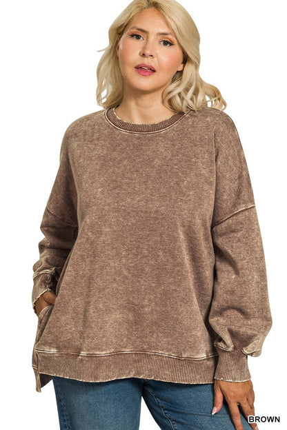 Plus Acid Wash Fleece Hi-low Hem Pullover