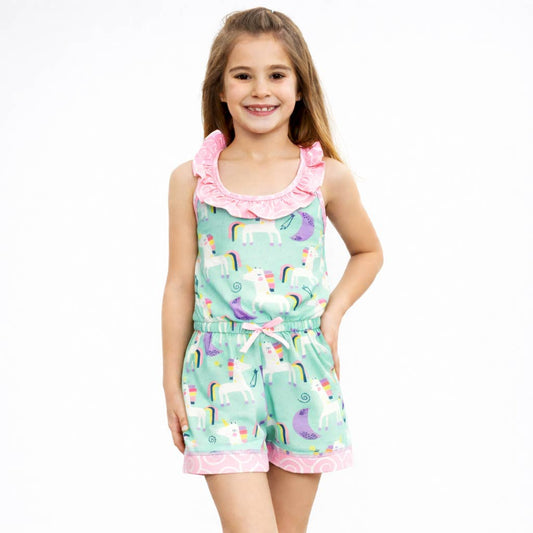 AnnLoren Girls Jumpsuit Unicorn Rainbows Spring Romper Kids