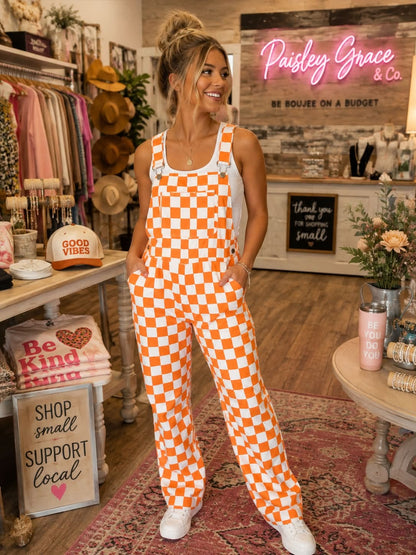 Women’s Orange and White Checkered Overalls