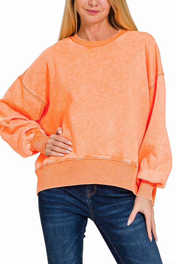 Orange Acid Wash Fleece Oversized Pullover