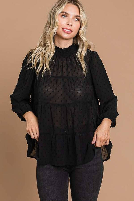 SMOCK NECK TIERED 3/4 SLEEVE TOP