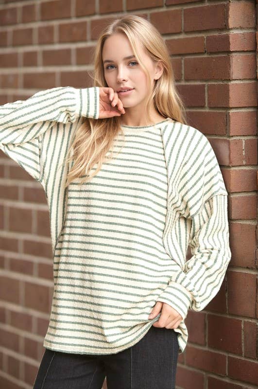 LONG PUFF SLEEVE ROUND NECK JACQUARD STRIPE TOP