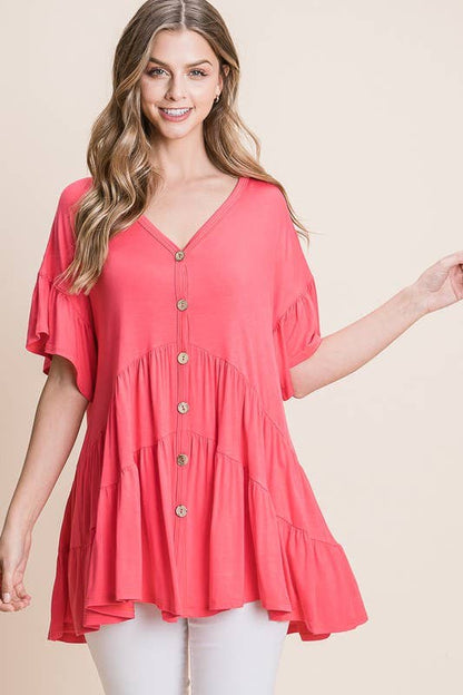 Button Up Ruffled Babydoll Tunic Top