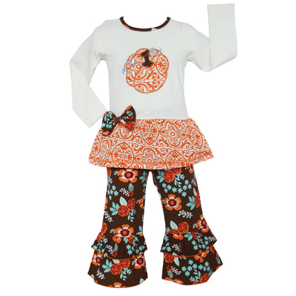 AnnLoren Girls Thanksgiving Clothing sz 9/10 Pumpkin Floral