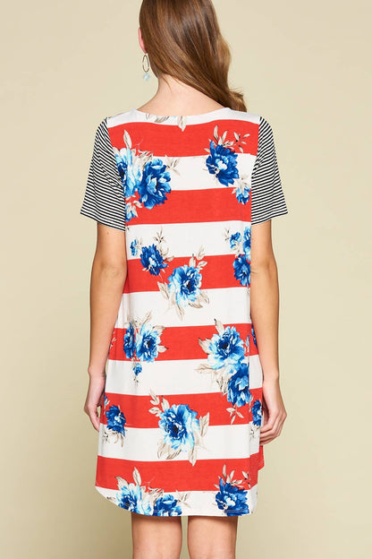 Red, White and Floral Striped Swing Dress