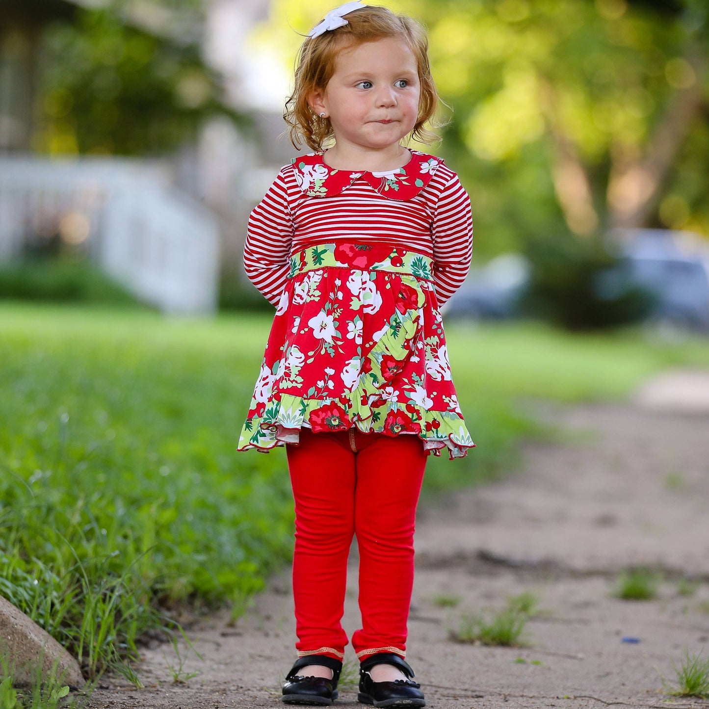 AnnLoren Dress & Leggings Red Floral Stripes Girls Clothing