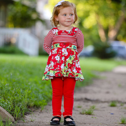 AnnLoren Dress & Leggings Red Floral Stripes Girls Clothing