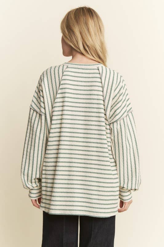 LONG PUFF SLEEVE ROUND NECK JACQUARD STRIPE TOP