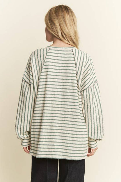 LONG PUFF SLEEVE ROUND NECK JACQUARD STRIPE TOP