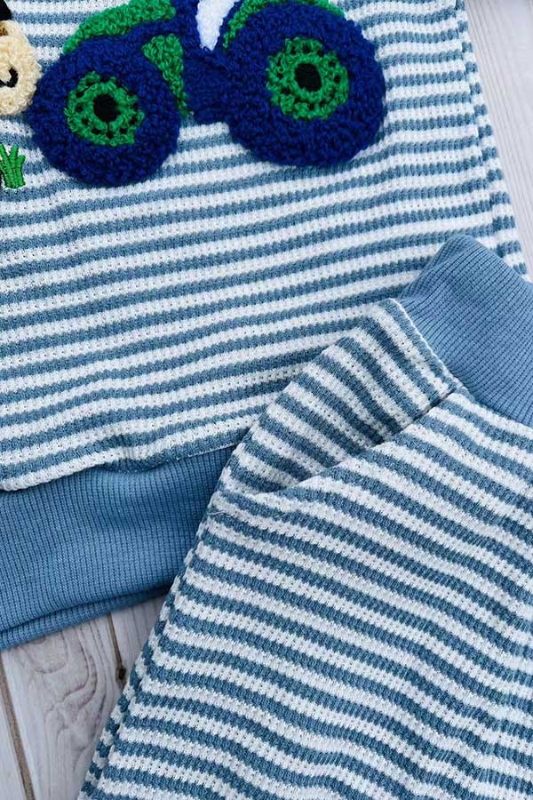 Farm & horse patch blue stripes top & pant boy set