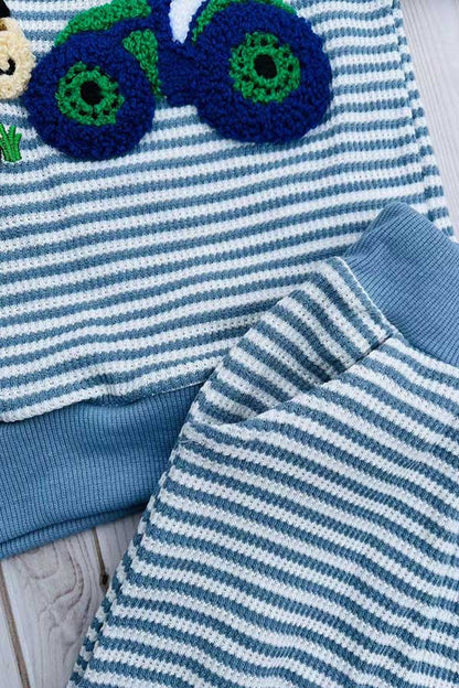 Farm & horse patch blue stripes top & pant boy set