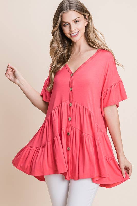 Button Up Ruffled Babydoll Tunic Top