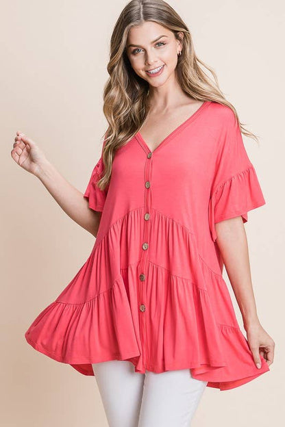 Button Up Ruffled Babydoll Tunic Top