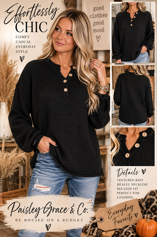 4 Buttons Henley Neckline Basic Sweater
