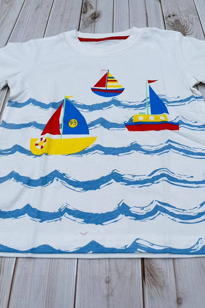 Sailboats & blue ocean waves white boy t-shirt