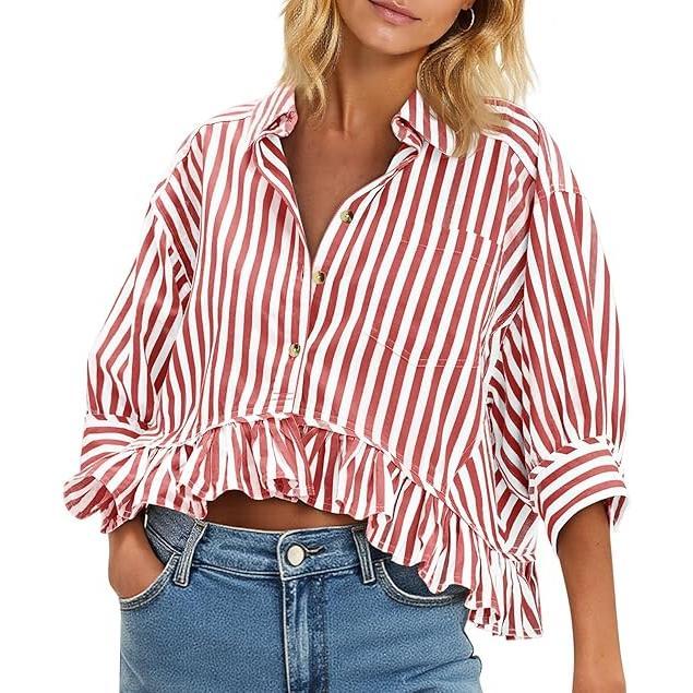 Cicy Bell Women’s Cropped Striped Button Down Shirts Ruffle 3/4 Length Sleeve top