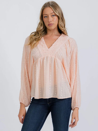 LONG SLEEVE V-NECK TRIM DETAILED BLOUSE