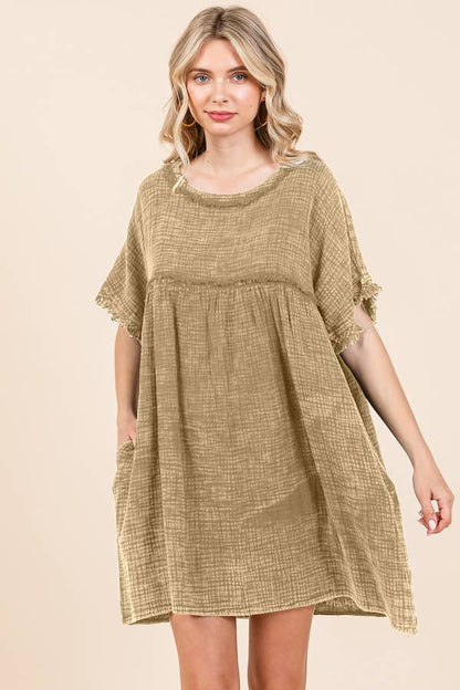 PLUS SIZE SCOOP NECK BABYDOLL RUCHING DRESS