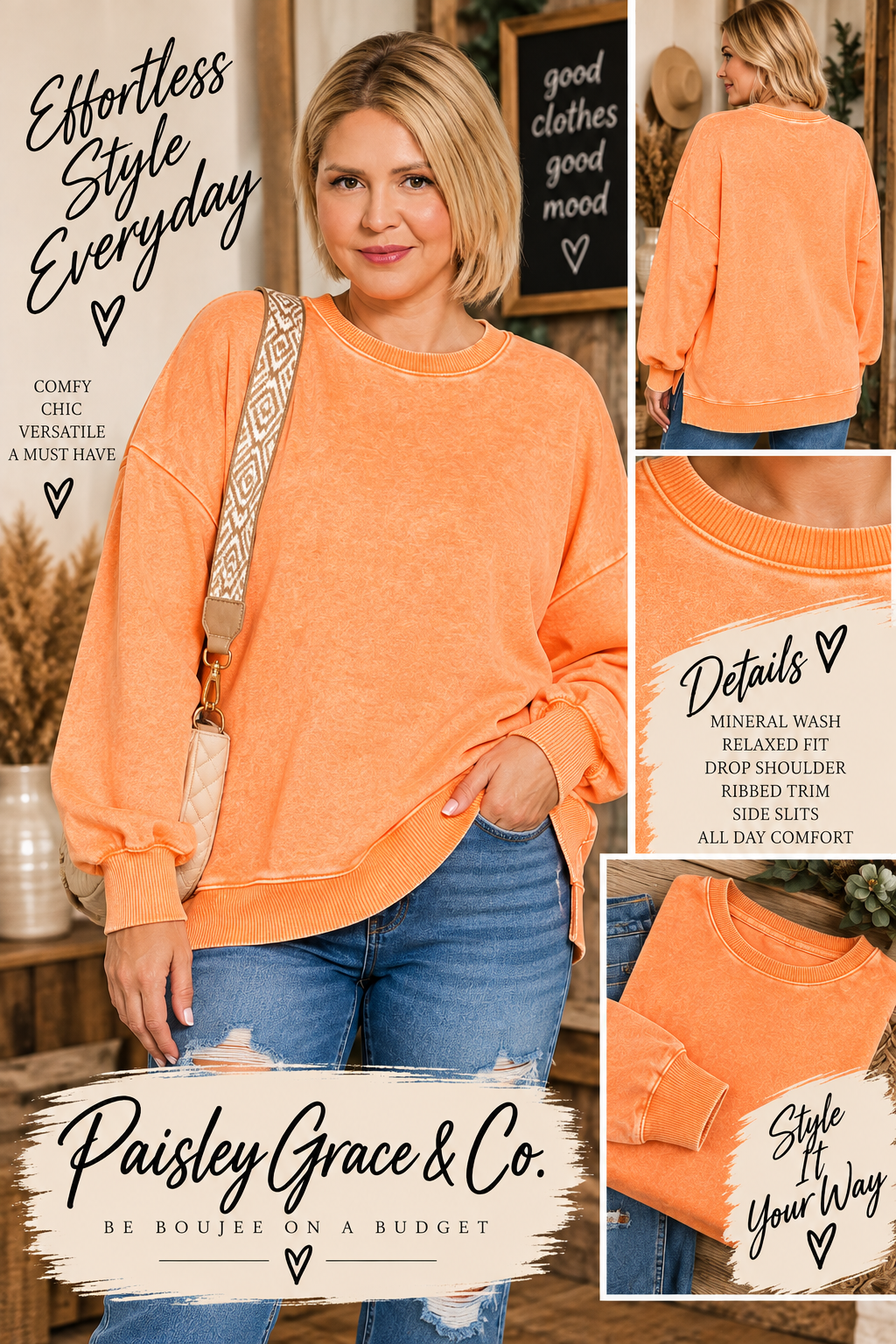 Plus Light Orange Acid Wash Fleece Hi-low Hem Pullover