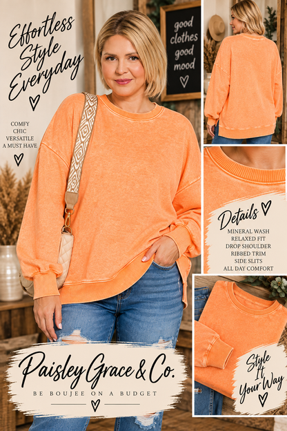 Plus Light Orange Acid Wash Fleece Hi-low Hem Pullover