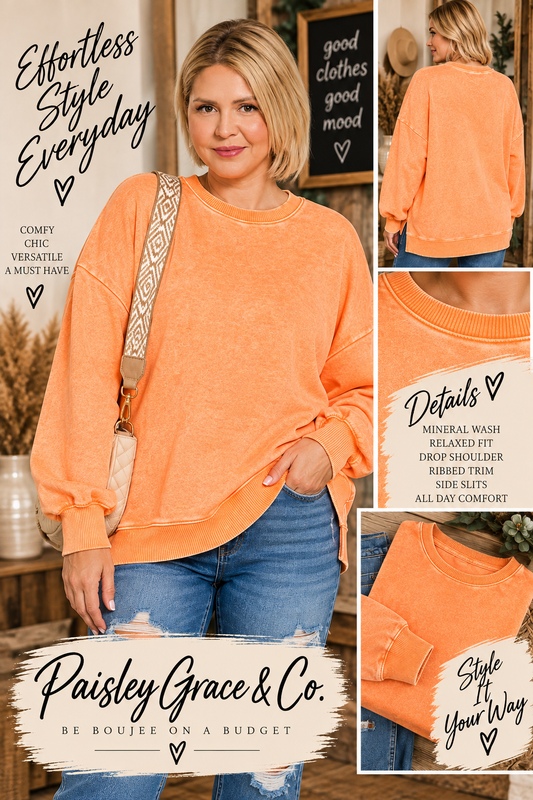Plus Light Orange Acid Wash Fleece Hi-low Hem Pullover