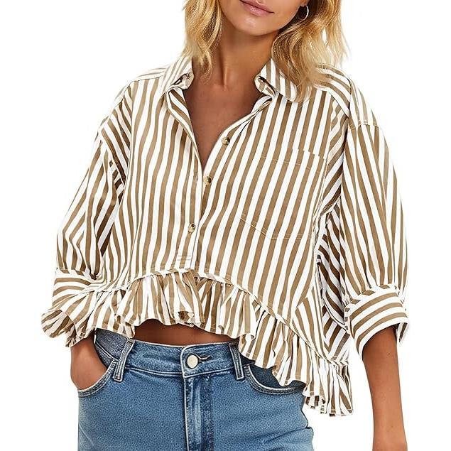 Cicy Bell Women’s Cropped Striped Button Down Shirts Ruffle 3/4 Length Sleeve top