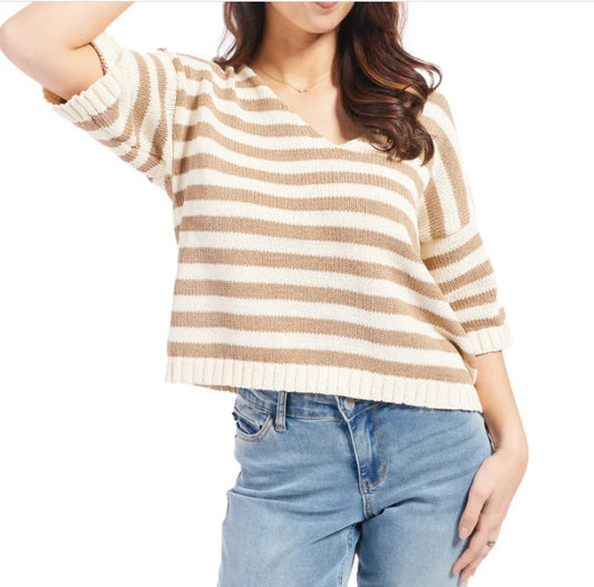 Stripe Deep V-Neck Short Sleeve Knit Top