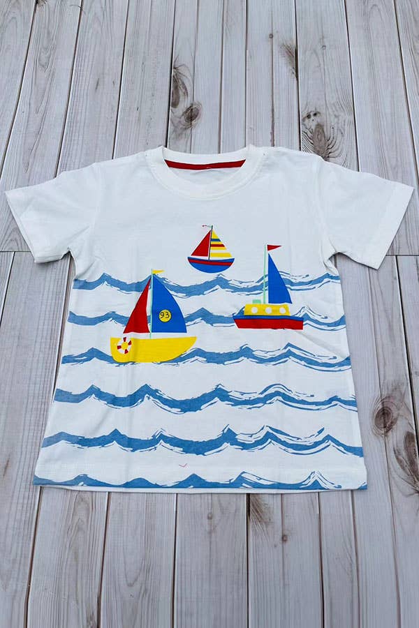 Sailboats & blue ocean waves white boy t-shirt