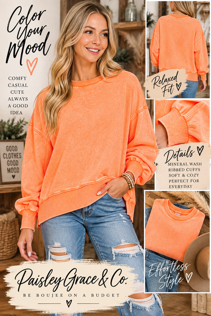 Orange Acid Wash Fleece Oversized Pullover