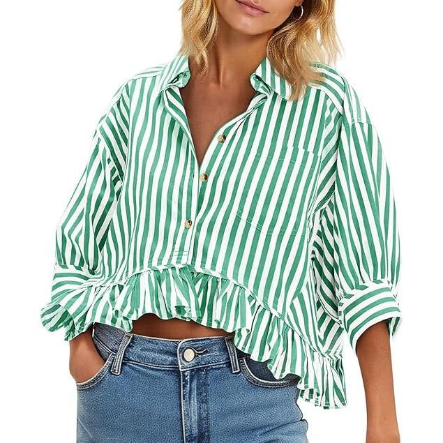 Cicy Bell Women’s Cropped Striped Button Down Shirts Ruffle 3/4 Length Sleeve top