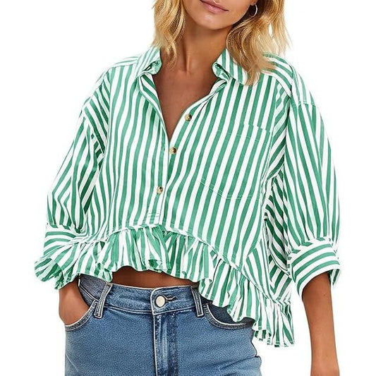 Cicy Bell Women’s Cropped Striped Button Down Shirts Ruffle 3/4 Length Sleeve top