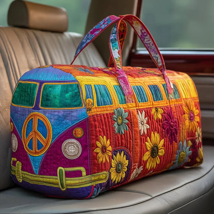 Hippie Van Quilted Duffle Bag, Retro Peace Bus Travel Bag, Colorful Flower Patchwork