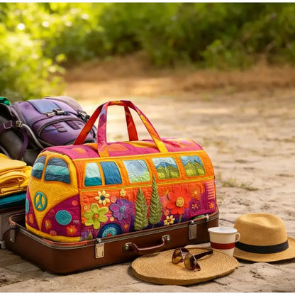 Hippie Van Quilted Duffle Bag, Retro Peace Bus Travel Bag, Colorful Flower Patchwork