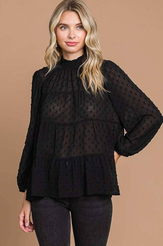SMOCK NECK TIERED 3/4 SLEEVE TOP