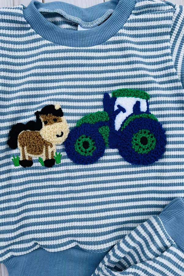 Farm & horse patch blue stripes top & pant boy set