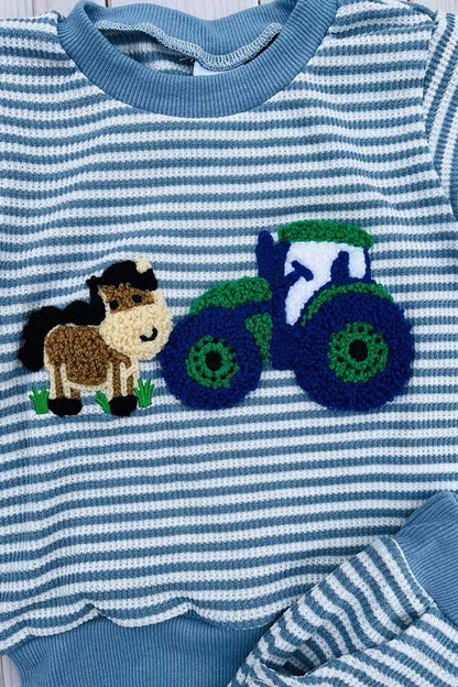 Farm & horse patch blue stripes top & pant boy set
