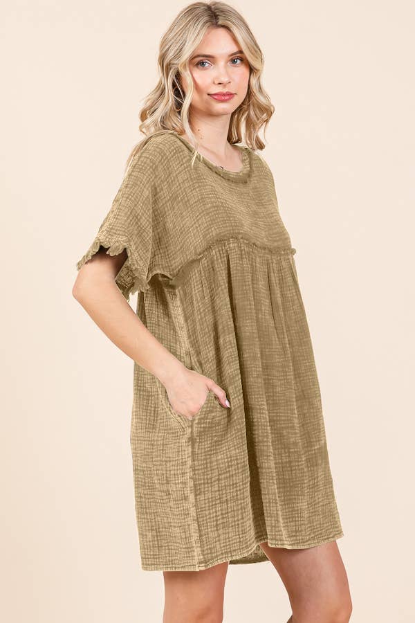PLUS SIZE SCOOP NECK BABYDOLL RUCHING DRESS