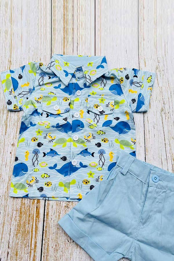 Whale & fish printed shirts & blue shorts boy set