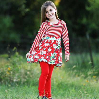 AnnLoren Dress & Leggings Red Floral Stripes Girls Clothing