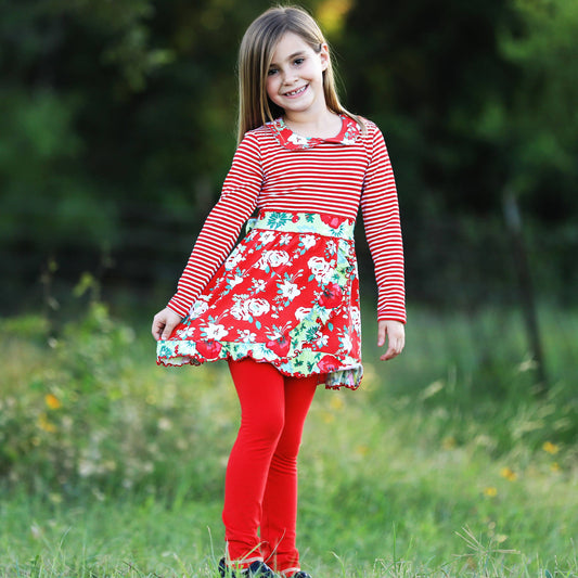 AnnLoren Dress & Leggings Red Floral Stripes Girls Clothing