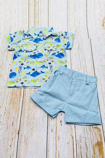 Whale & fish printed shirts & blue shorts boy set