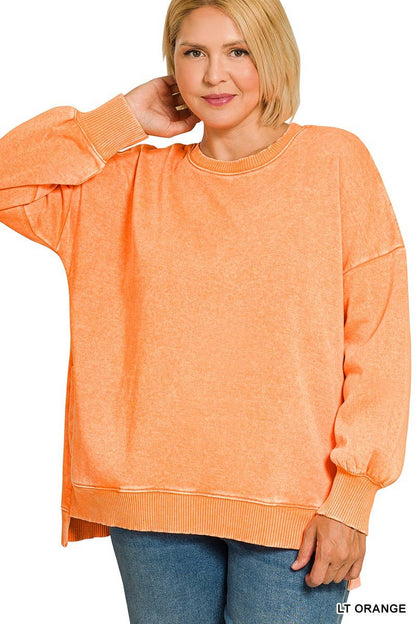 Plus Light Orange Acid Wash Fleece Hi-low Hem Pullover