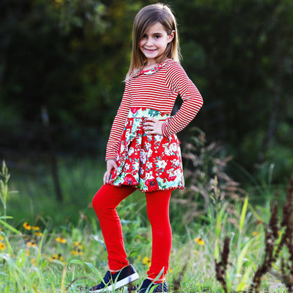 AnnLoren Dress & Leggings Red Floral Stripes Girls Clothing