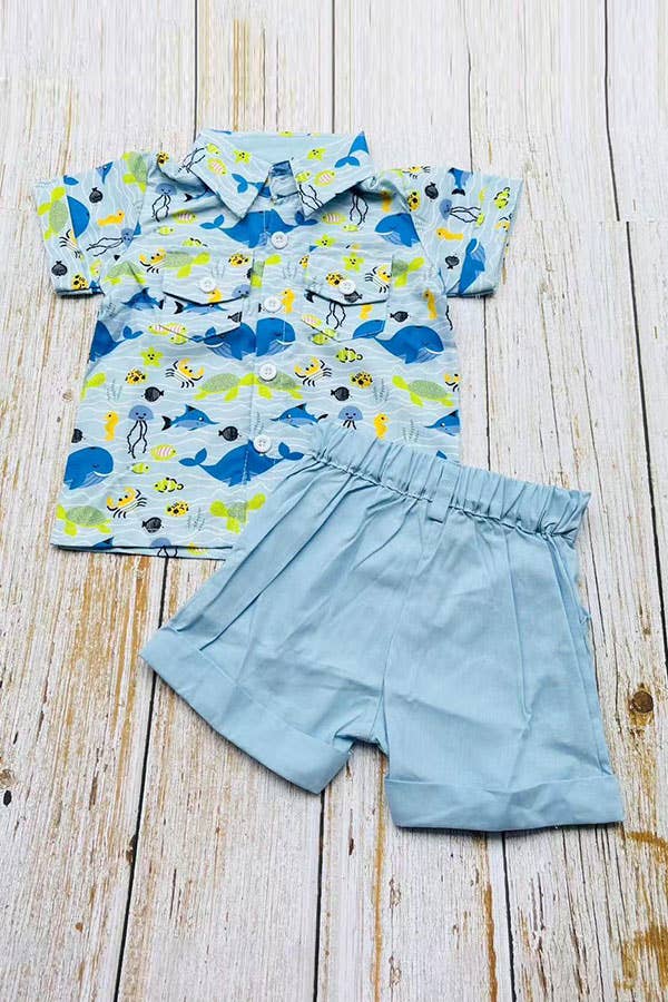 Whale & fish printed shirts & blue shorts boy set
